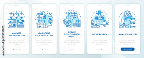 Thin line blue icons representing vertical farming and hydroponics mobile app screen set. 5 steps graphic instructions, UI, UX, GUI template.