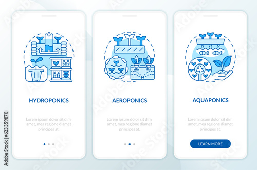Linear blue icons representing types of vertical farming mobile app screen set. 3 steps graphic instructions, UI, UX, GUI template.