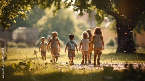 Happy kids playing outside and having fun together in summertime on sunset, a group of joyful friends walking in green park and hugging each other. Children and friendship concept