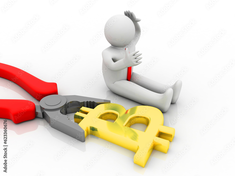 3d illustration bitcoin sign currency with cutting player near business man 3d illustration bitcoin sign currency with cutting player near business man