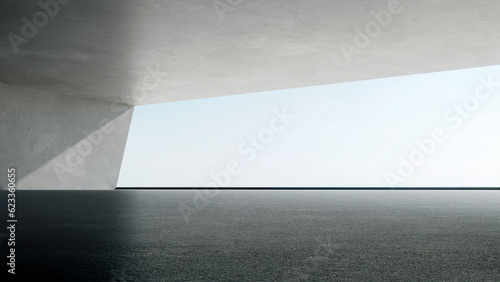 3d rendering of empty concrete room with sunlight through the large window. Abstract architecture with cement floor.