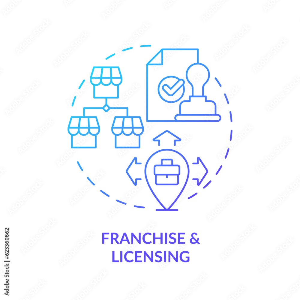 2D gradient franchise and licensing icon, isolated vector, foreign direct investment thin line illustration. 2D gradient franchise and licensing icon, isolated vector, foreign direct investment thin line illustration.
