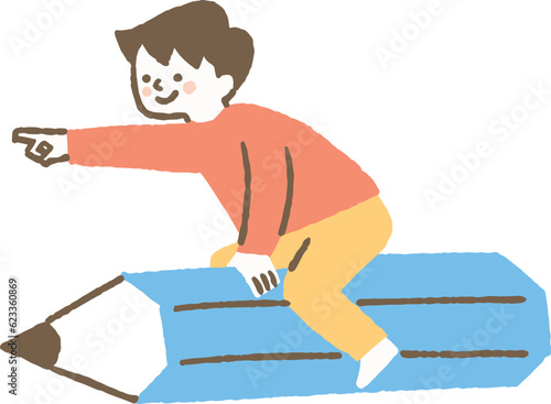 鉛筆に乗って指をさしている少年_色