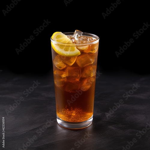 glass of cola with ice on isolated black background