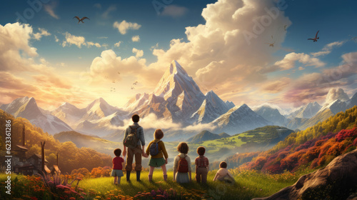 Cartoon, Happy big family hugging together in mountains