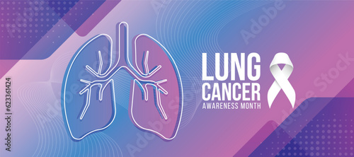 Lung cancer awareness month text and white ribbon sign on blue purple texture background and abstract modern lung sign vector design