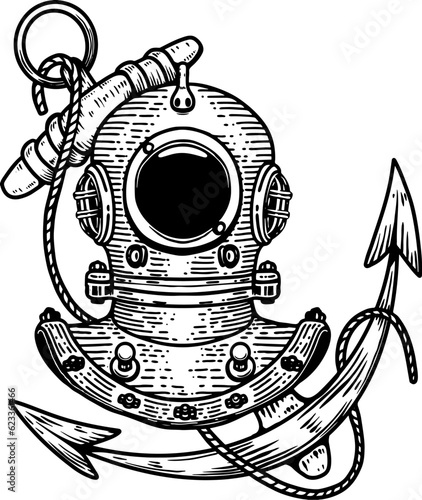 Vintage diver helmet with anchor. Nautical dive helmet with anchor. Design element