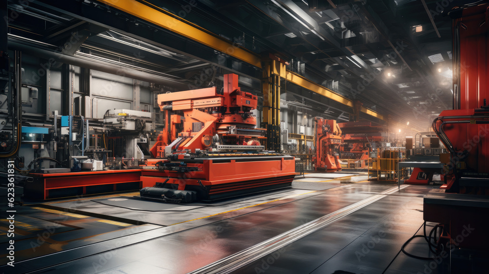 Industrial hall with cutting, welding machines and metal profiles Industrial hall with cutting, welding machines and metal profiles