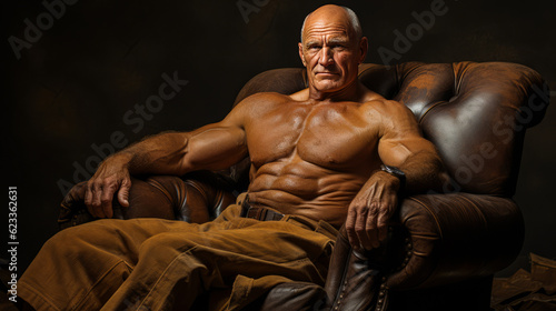 Inspiring senior bodybuilder showcasing well-maintained physique, relaxed in bronze earthy backdrop. Testament to lifelong fitness dedication. Generative AI