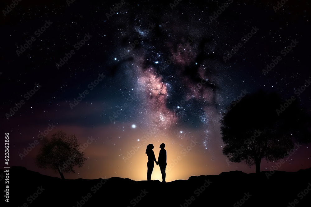 ai generated Illustration Milky Way with silhouette of couple.