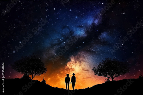 ai generated Illustration Milky Way with silhouette of couple.