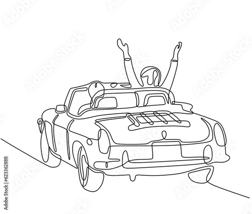 Single continuous line drawing happy couple riding car going on road trip. Romantic man and woman driving in cabriolet car. Couple summer vacation travel.. Dynamic one line draw graphic design vector