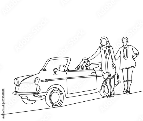 Single continuous line drawing happy couple standing beside car with dog going on road trip. Romantic man and woman with dog inside car. Couple summer vacation travel Dynamic one line draw graphic