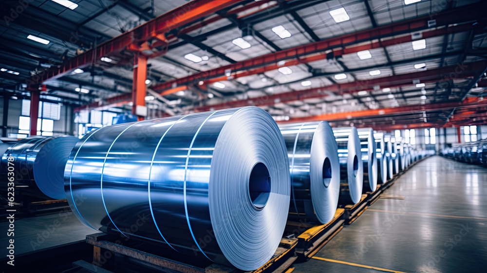 Rolls of galvanized steel sheet inside the factory or warehouse. Rolls of galvanized steel sheet inside the factory or warehouse.