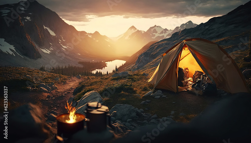 ai generated illustration man camping with mountain and sunset, sunrise, outdoor recreation © maylim