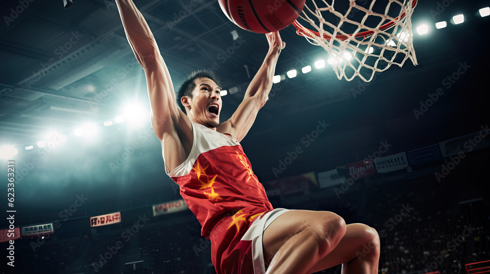 Gravity-Defying Dunk by National Team Basketball Player. Generative AI.