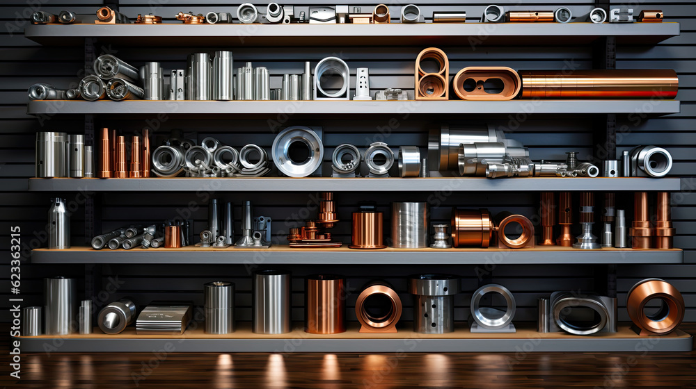 Shelves of different metal products