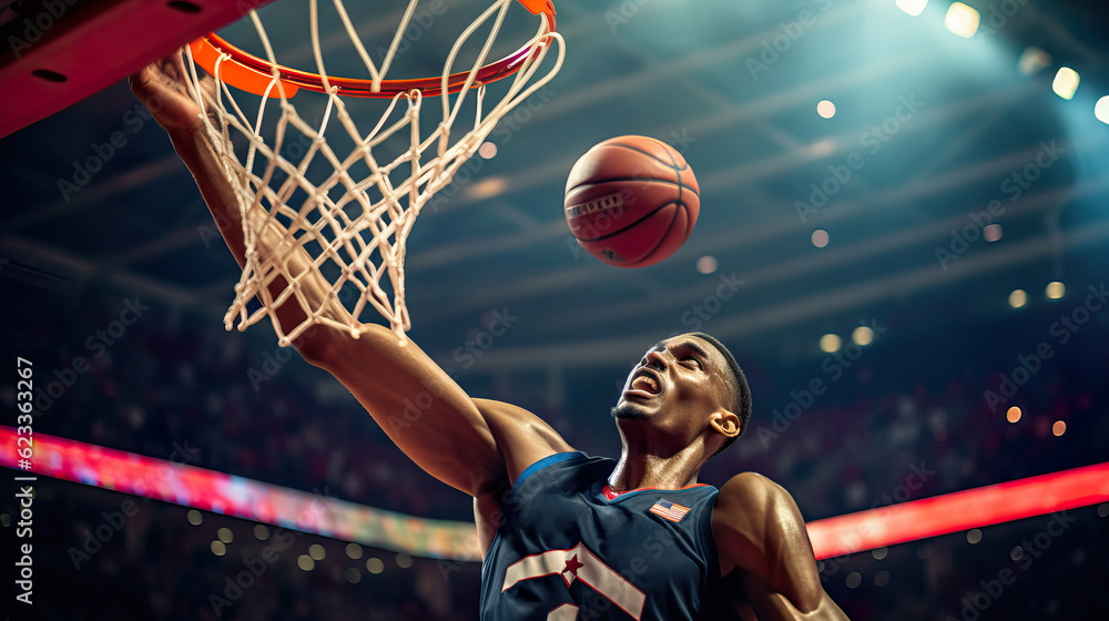 Gravity-Defying Dunk by National Team Basketball Player. Generative AI.