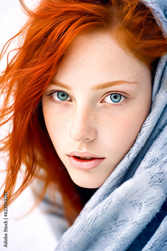 Stunning close-up of enchanting blue-eyed redhead woman gets wrapped in a towel, evoking a sense of serene beauty and tranquility. Generative AI Stunning close-up of enchanting blue-eyed redhead woman gets wrapped in a towel, evoking a sense of serene beauty and tranquility. Generative AI