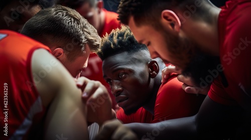 Intense Huddle of National Basketball Team before World Cup Game. Generative AI