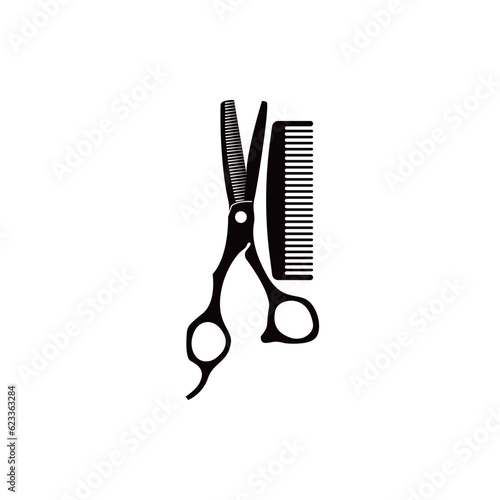 Scissors and hair brush graphic icon. Sign crossed scissors and hair brush isolated on white background. Barbershop symbol. Vector illustration