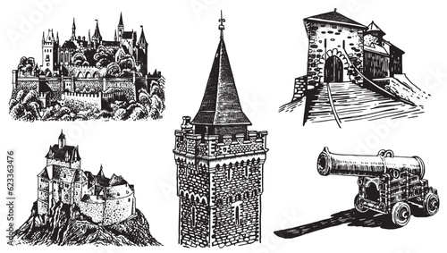 Graphical set of  fortresses and medieval gun isolated on white background. Vector illustration, architecture