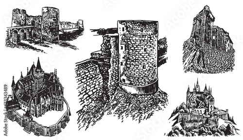 Graphical set of  fortresses and medieval gun isolated on white background. Vector illustration, architecture