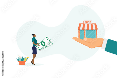 Franchise concept. Investor buys the store by agreement. Money in exchange for property rights. Purchase of an idea and license. Profitable franchise business. Vector illustration flat design.
