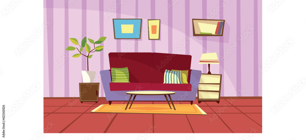 sofa, frames picture. Living room interior. Flat style vector illustration sofa, frames picture. Living room interior. Flat style vector illustration