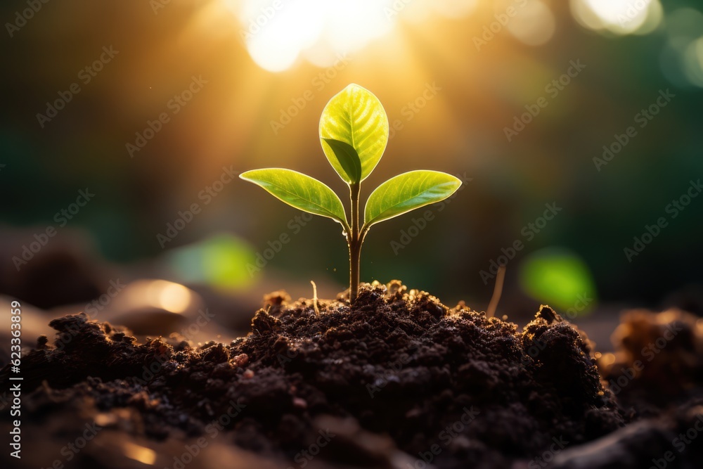 Green seedlings grow in the soil, concept image of plant growth and environmental protection Green seedlings grow in the soil, concept image of plant growth and environmental protection