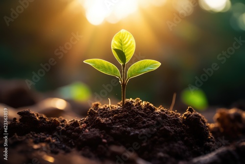 Green seedlings grow in the soil  concept image of plant growth and environmental protection