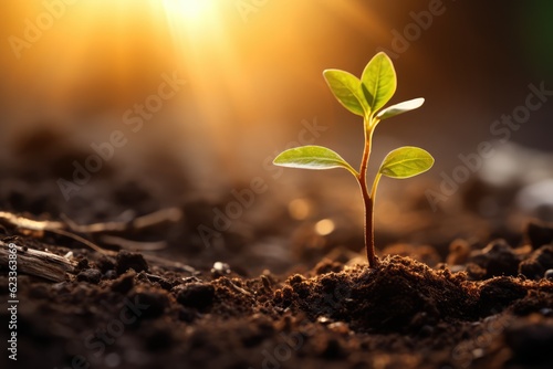 Green seedlings grow in the soil, concept image of plant growth and environmental protection