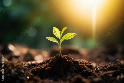 Green seedlings grow in the soil, concept image of plant growth and environmental protection