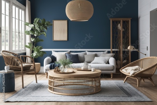 Light grey living room sofa decorated with pillows, a lamp, a bag and a plant in front of a natural stone wall. Generative AI photo