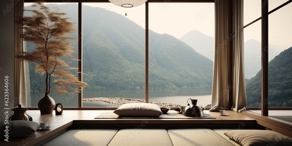 Fototapeta premium AI Generated. AI Generative. Classic vintage traditional asian chinese japanese interior minimalistic style with big window view on nature outdoor landscape. Forest and mountains. Graphic Art