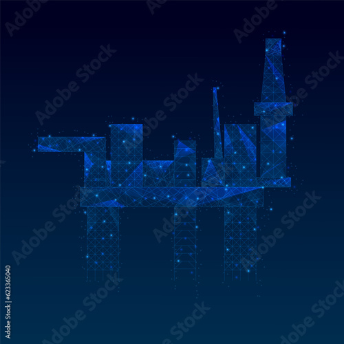 Oil fields concept. Oil drilling derricks at desert oilfield for fossil fuels. Low poly wireframe vector illustration EPS10.
