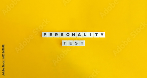 Personality Test Banner. Block Letter Tiles on Yellow Background. Minimal Aesthetic. photo