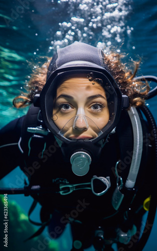 A woman is scuba diving with full scuba gear © Giordano Aita