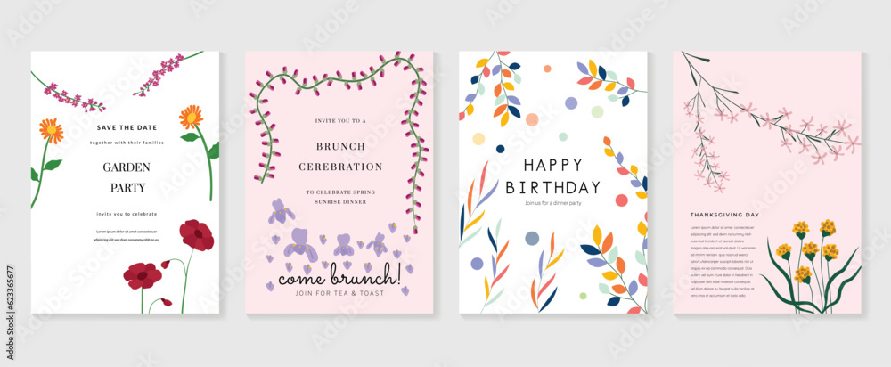Set of abstract floral invitation card background vector. Hand drawn vibrant color botanical flower and leaf branch cover. Design illustration for flyer, poster, banner, brochure, wedding, birthday.