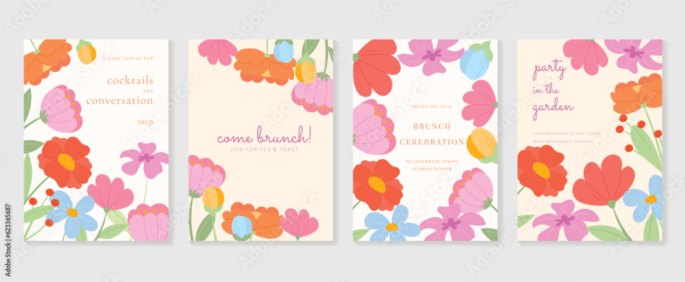 Set of abstract floral invitation card background vector. Hand drawn vibrant color botanical flower and leaf branch cover. Design illustration for flyer, poster, banner, brochure, wedding, birthday. Set of abstract floral invitation card background vector. Hand drawn vibrant color botanical flower and leaf branch cover. Design illustration for flyer, poster, banner, brochure, wedding, birthday.