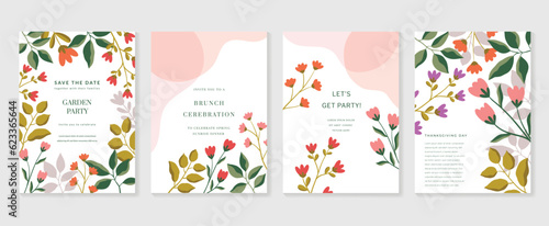 Set of abstract floral invitation card background vector. Hand drawn vibrant color botanical flower and leaf branch cover. Design illustration for flyer, poster, banner, brochure, wedding, birthday. © TWINS DESIGN STUDIO