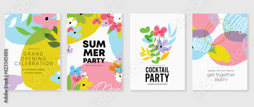 Set of abstract floral invitation card background vector. Hand drawn vibrant color botanical flower and leaf branch cover. Design illustration for flyer, poster, banner, brochure, wedding, birthday.