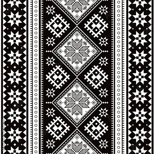 Ukrainian Hutsul Pysanky vector seamless pattern stars and geometric vertical shapes, folk art Easter eggs repetitive design in black and white
