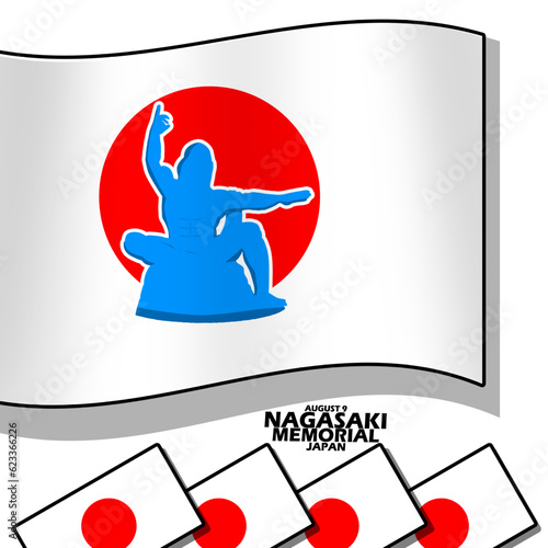 A Japanese flag with a statue symbol of peace in Japan, with bold text on white background to commemorate Nagasaki Memorial Day on August 9 Japan