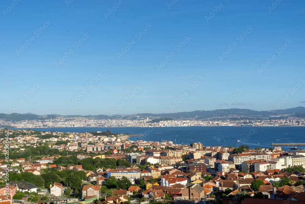 Panoramic view of Vigo from the other side of the estuary. Rías Baixas, Galicia, Spain.