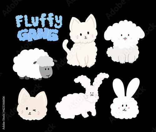 Hand drawn fluffy gang including dog, cat, bunny rabbit and sheep for animal logo, icon, pet shop, vet, adopt pet, rescue, sticker, zoo, cartoon character, comic, mascot, cute patches, plush toy, doll