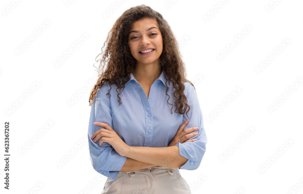 Attractive business woman looking at camera and smiling while standing on a transparent background Attractive business woman looking at camera and smiling while standing on a transparent background