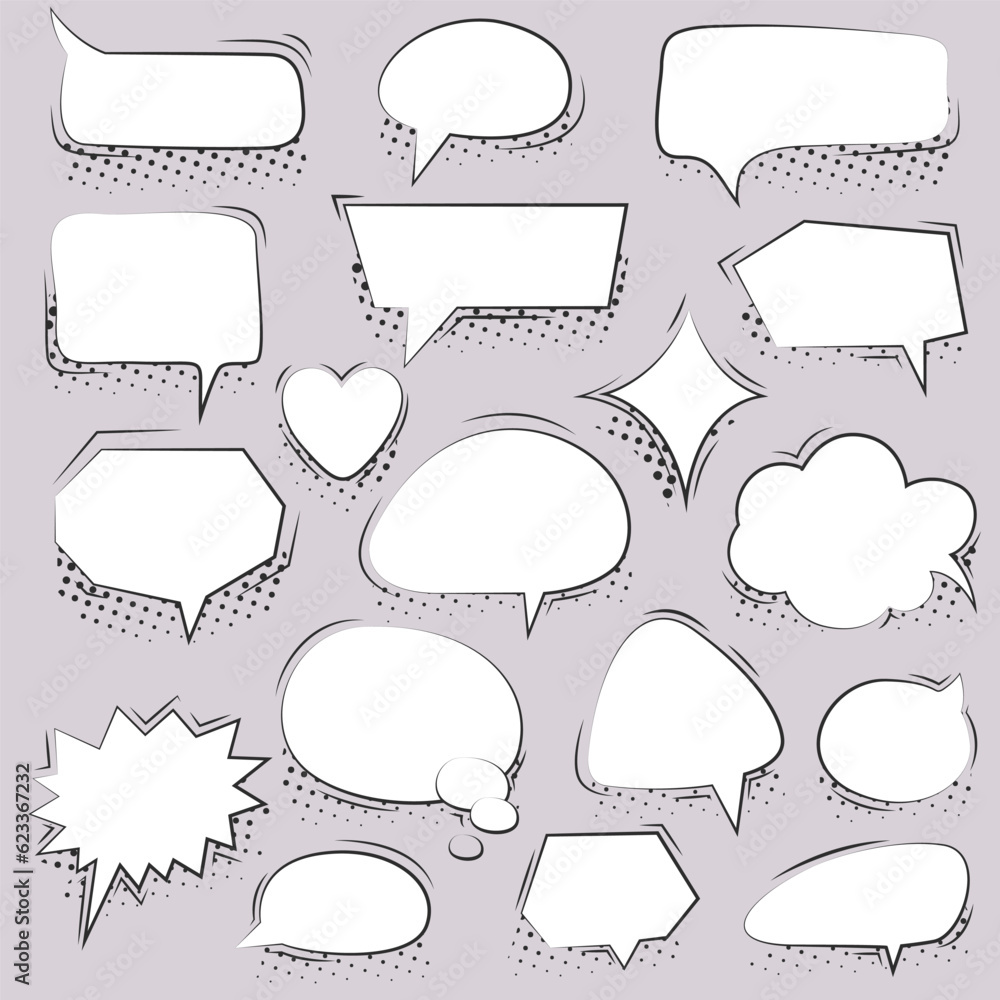 Set of comic speech bubbles. Retro empty comic speech bubbles set with black halftone shadows. Set of comic speech bubbles. Retro empty comic speech bubbles set with black halftone shadows.