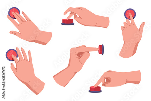 Hands pushing and pressing button set. Fingers pressing button. Turn on and off. Launch, start, control concept. Vector illustration EPS10