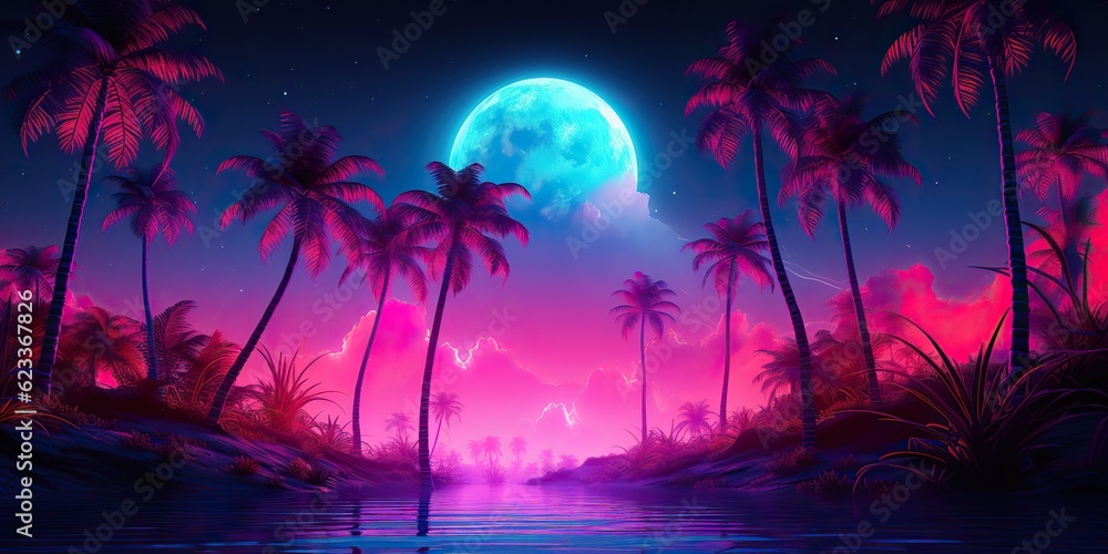 AI Generated. AI Generative. Retro vintage 80s 90s electronic cyberpunk retrowave synthwave vaporwave landscape nature. Tropical beach palms landscape. Graphic Art